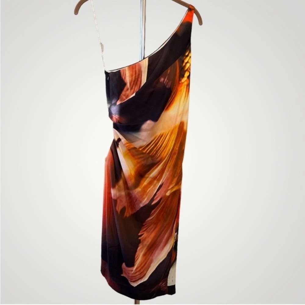 🔥 LIA KES one-shoulder dress ruched orange black abstract EUC NYC NY designer